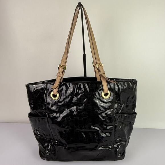 Michael Kors Jet Set Shoulder Tote Bag Black Patent Leather Logo Pattern AV-1302 - Picture 10 of 16